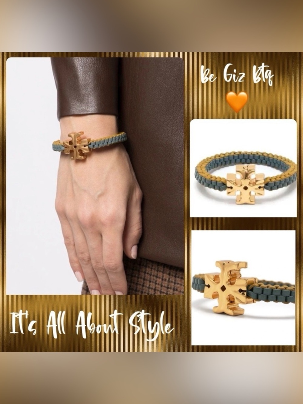 NWT Tory Burch Authentic Roxanne Goldtone & Green Yellow Leather Woven Bracelet